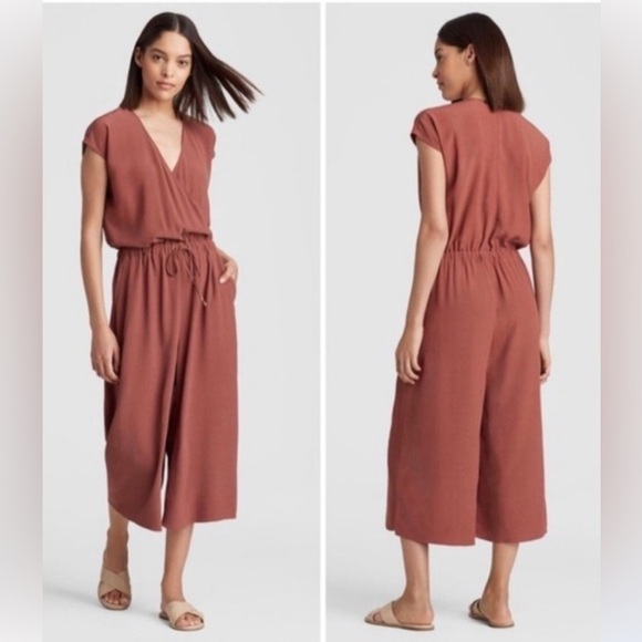 Eileen Fisher Tencel Viscose Crepe Wide Leg Jumpsuit Brown Large - Picture 7 of 7
